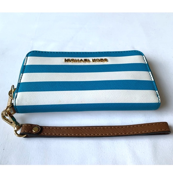 Michael Kors Turquoise & White Striped Wristlet - Picture 9 of 12